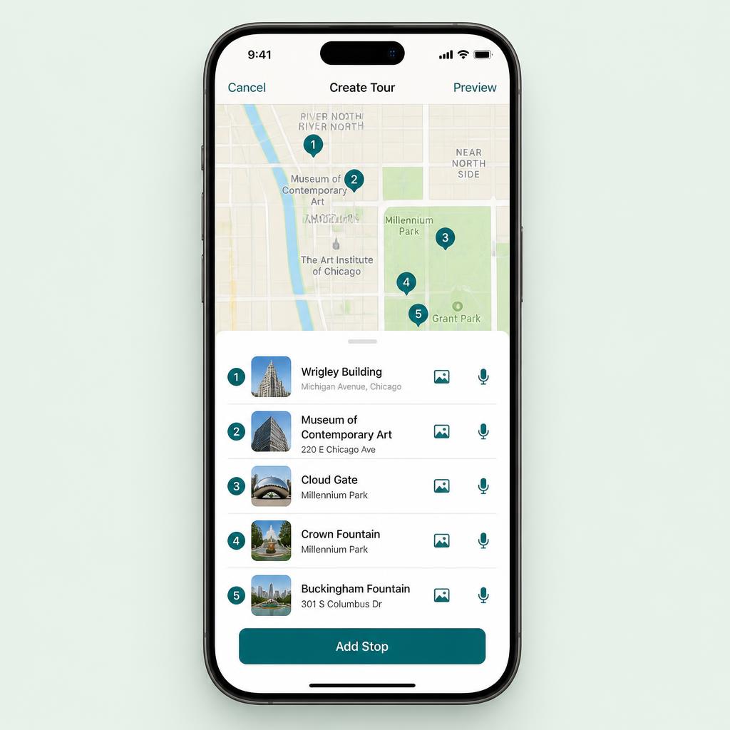 CityRats create-tour screen with a map of stops and media attachments